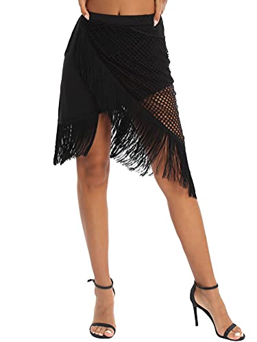 Alvivi Falda Negra de Danza Latina para Mujer Falda Corto con Flecos de Danza Rumba Tango Falda Borlas de Danza Vientre Disfraz de Bailarina Mujer Negro S