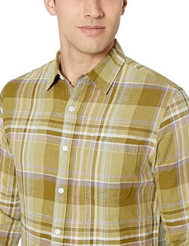 Amazon Essentials - Camisa de lino con manga larga, corte entallado y estampado para hombre, verde oliva (Olive Plaid), US M (EU M)