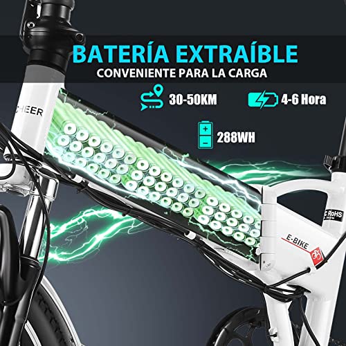 ANCHEER Bicicleta eléctrica Plegable, Bicicleta eléctrica de 20", con Batería de Litio de 36V 8Ah extraíble y 7Velocidades (AE4 Blanco)