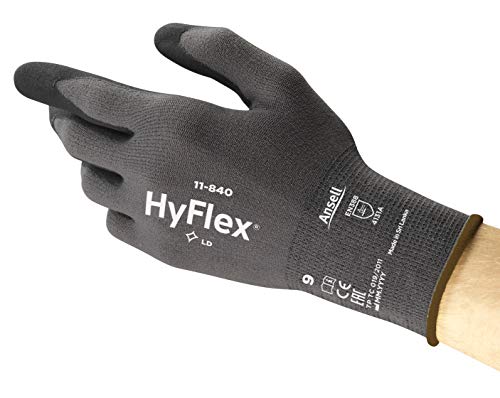 Ansell HyFlex 11-840 Guantes Trabajo Tactiles, Recubrimiento Nitrilo Resistente, Proteccion Mecanica, Bricolaje, Seguridad Industrial, Guantes Hombre Mujer, Negro, Talla 6 (XS),(1 Par)