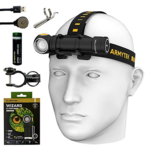 Armytek Wizard C2 Pro Max XHP70.2 - Linterna frontal LED recargable (4000 lúmenes, incluye cable de carga USB magnético Eco Sensa