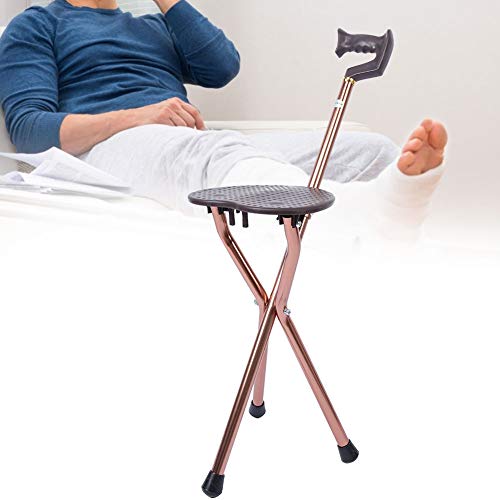 Asiento plegable de caña de 3 patas con bastón de paseo y funda antideslizante de aleación de aluminio, para personas mayores