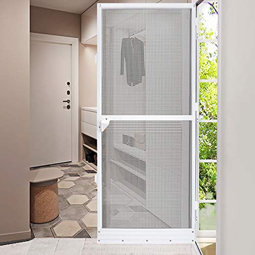 Aufun Puerta mosquitera para puerta de hasta 95 x 210 cm, Mosquitera Fija Puertas Abatibles con marco de aluminio en blanco(100 x 210 cm)