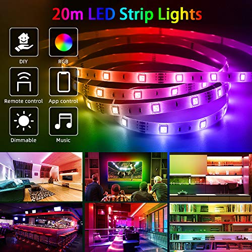 Auplf - Tira de LED de 20 m, 24 V, 5050 RGB con mando a distancia de 40 teclas y aplicación de cambio de color, luces de colores para casa, dormitorio, cocina (20 m)