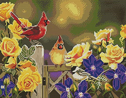 Awesocrafts Kit de punto de cruz con estampado de pájaros cardenales y flores, patrones fáciles de bordar, costura de punto de cruz, suministros (cardenal)