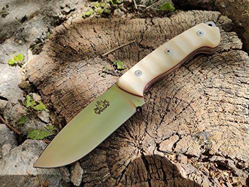 AXARQUIA - Cuchillo de supervivencia de acero MOVA-58 (un solo filo), ideal para camping, funda de piel y chispero -, Hombre, AXARQUIA MARFIL
