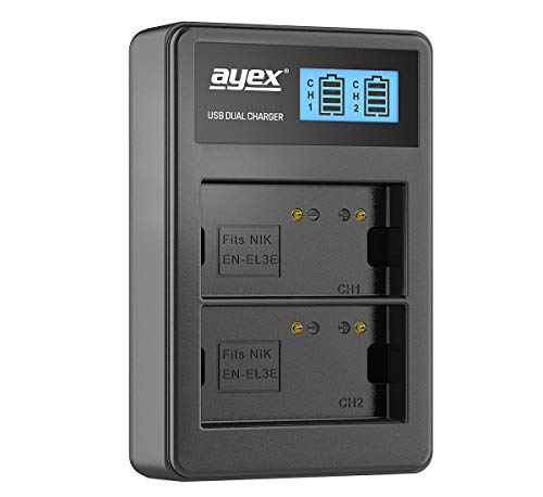 ayex Cargador USB dual para baterías Nikon Li-Ion tipo EN-EL3e – Carga a través de enchufe USB, portátil, Power Bank o PC – Pantalla LCD con indicador de carga