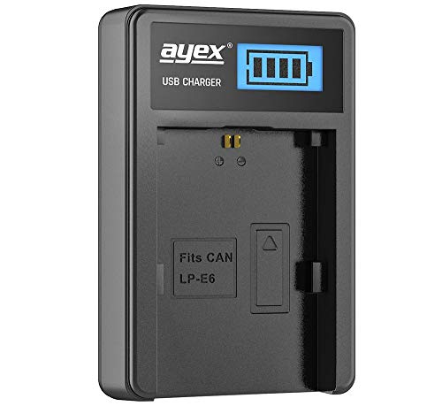 ayex Cargador USB para batería Canon LP-E6 – Carga a través de Enchufe USB, portátil, Power Bank o PC – Pantalla LCD con indicador de Carga