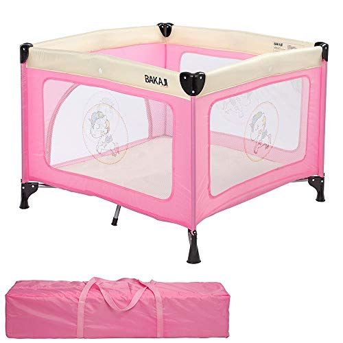 Bakaji Cuna de bebé cuadrada con estructura de metal plegable portátil con apertura de cremallera y funda de 100 x 100 x 76 cm (rosa)