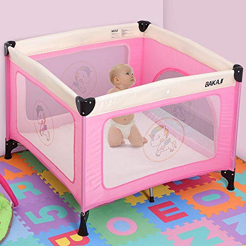 Bakaji Cuna de bebé cuadrada con estructura de metal plegable portátil con apertura de cremallera y funda de 100 x 100 x 76 cm (rosa)