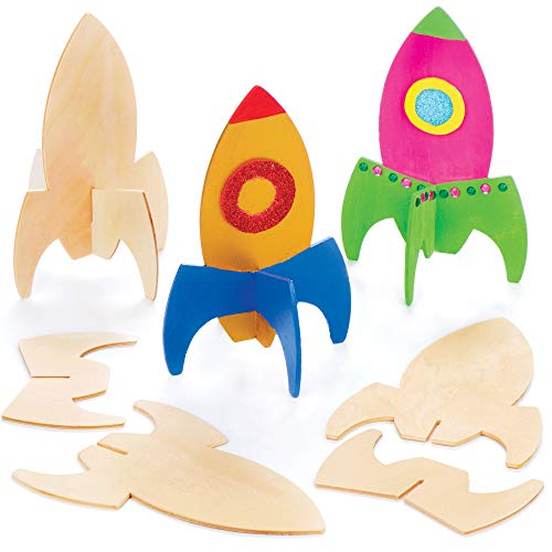 Baker Ross Cohetes de madera con soporte - Perfectos para decoraciones y manualidades infantiles (pack de 6).
