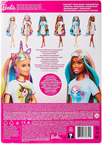 Barbie Pelo Fantasía Muñeca para peinar con accesorios de moda y diademas con mechas de unicornio y sirena (Mattel GHN4)