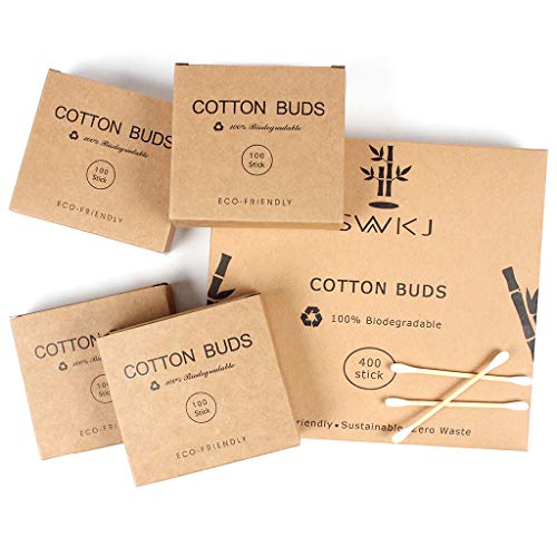 Bastoncillos de algodón en bambú, 4 paquetes de conjunto (400 piezas), Auriculares ecológicos de algodón, Bastoncillos de algodón a doble cabeza con bastones reciclables y biodegradables