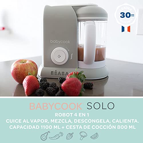 BÉABA Babycook Solo, Robot de cocina infantil 4 en 1, Tritura, cocina y cuece al vapor, Cocción rápida, Comida casera y deliciosa para bebés y niños, Comida variada para tu bebé, Gris