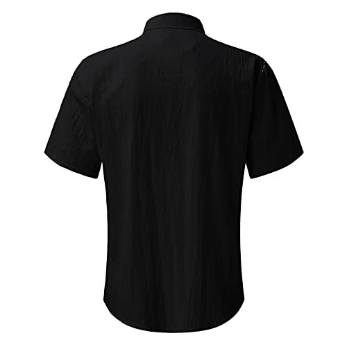 Beokeuioe Camisa de verano para hombre, de manga corta, para el tiempo libre, ligera, básica, ajustada, informal, cuello alto, camisa con aspecto de lino, camisa de tiempo libre, Negro , M