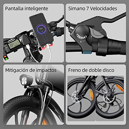 Bicicleta eléctrica ADO A20 250W Mujeres Hombres Bicicleta eléctrica Plegable/Bicicleta eléctrica de Ciudad con batería de Iones de Litio Desmontable de 36V 10.4Ah, 25 km/h