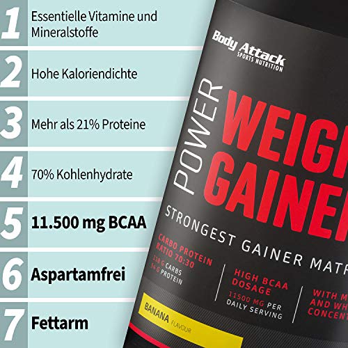 Body Attack Power Weight Gainer (aumento de peso), Plátano, 4,75 kg, 100% desarollo masa, carbohidrato- proteína en polvo para el aumento muscular con proteína de suero, ideal para Hardgainer
