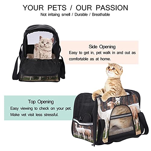 Bolsa de viaje portátil para mascotas, bolsas de lona aprobadas por aerolíneas para gato y conejo, con cara suave alpaca, alquileres vacacionales, impresión de piel de lana