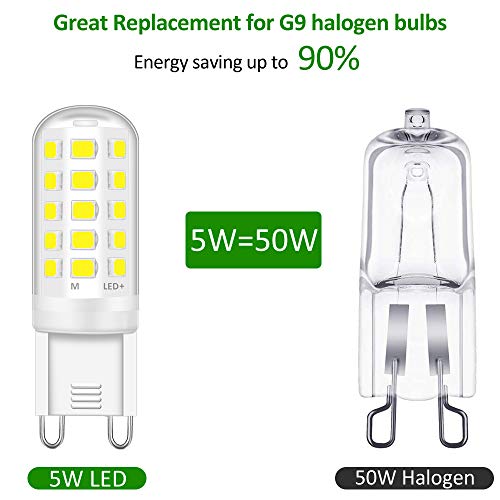 Bombilla LED G9 5W, Blanco Frio 6000K, LED Equivalente a la Bombilla Halógena de 50W, Sin Estroboscópico 500LM, AC220-240V, No Regulable, Ángulo de Luz de 360°, Pack de 6