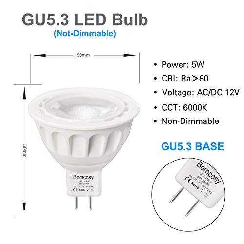 Bombillas LED GU5.3, Bomcosy MR16 LED 5W Lámparas Halógenas Equivalentes a 50W, LED 12v MR16, Blanco Frio 6000K, Bombillas led 420LM, LED GU5.3 36°Luz, 6 Pack