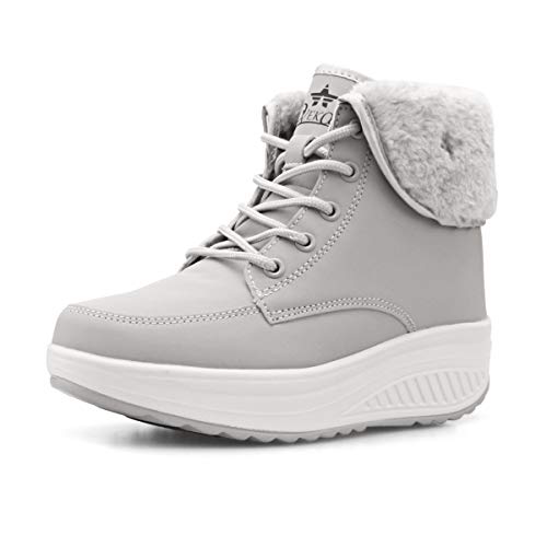 Botas De Nieve De Invierno Mujer Calientes Fur Botines Sneakers Zapatos de Plataforma de Cuña de Fitness Zapatos de Andar Impermeable Anti Deslizante Zapatos Gris Claro-Top（Piel Forrada） 41 EU