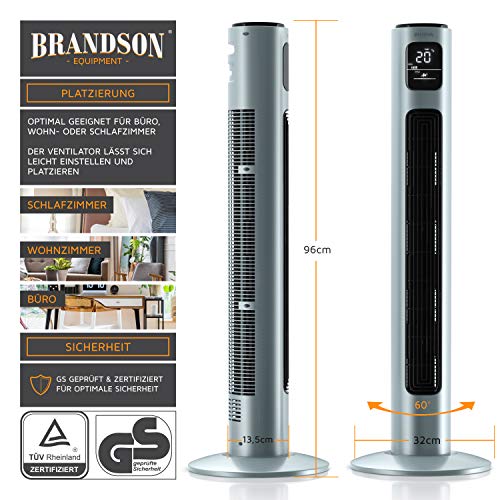 Brandson - Ventilador de torre con mando a distancia y oscilación 60° - Ventilador de pie - Ventilador de columna - 96 cm - Ventilador con 3 velocidades - Modelo 2021 - GS - Gris hielo