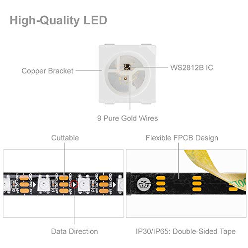 BTF-LIGHTING 16.4ft 5m WS2812b 60leds/pixels/m impermeable IP65 Negro PCB Flexible individualmente direccionable led tira Sueño en color DC5V