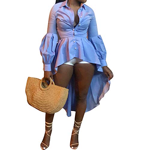 Camisa de cola de milano personalizada para mujer, manga farol, cuello alto, azul, L