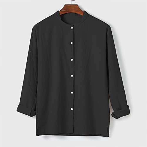 Camisa de manga larga para hombre de corte regular con botones, para el tiempo libre, de lino y algodón, holgada y cómoda, de lino, B negro., L