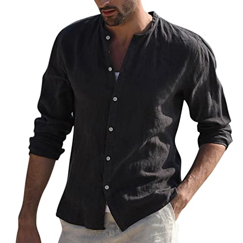 Camisa de manga larga para hombre de corte regular con botones, para el tiempo libre, de lino y algodón, holgada y cómoda, de lino, B negro., L