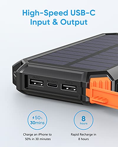 Cargador Solar 26800mAh, Riapow Power Bank Solar con 60 Leds Brillantes y 3 Salidas USB, Cargador de Teléfono Solar con Carga Rápida Batería Externa para iPhone Samsung Camping y Exteriores
