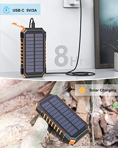 Cargador Solar 26800mAh, Riapow Power Bank Solar con 60 Leds Brillantes y 3 Salidas USB, Cargador de Teléfono Solar con Carga Rápida Batería Externa para iPhone Samsung Camping y Exteriores