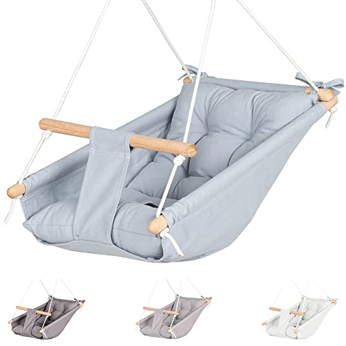 Cateam Hamaca de bebé de lona gris – Silla de madera colgante para bebé con cinturón de seguridad y accesorios de montaje.