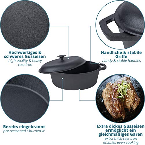 Cazuela hierro fundido con tapa – cacerola hierro fundido ovalado – para todas las áreas de cocina +MÁS: guantes para horno