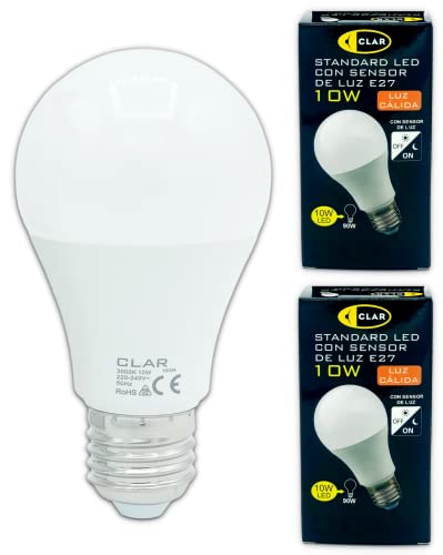CLAR - Bombilla Inteligente LED con Sensor Crepuscular, E27 10W, Bombilla con Sensor Día y Noche Automático, Luz Cálida (Pack 2)