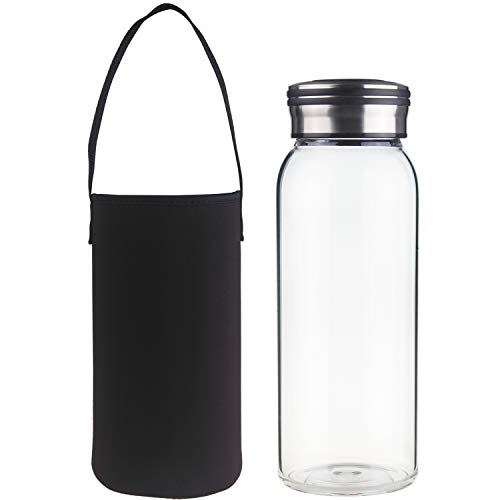 Cleesmil Botella de Agua de Cristal con Funda de Neopreno 1.5 Litro / 1.5 L (Negro)