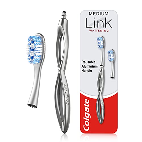 Colgate Link Whitening - Kit de iniciación de cepillo de dientes manual de cabeza reemplazable, mango de aluminio plateado y 2 cabezales de cepillo de repuesto para blanqueamiento, 1 unidad