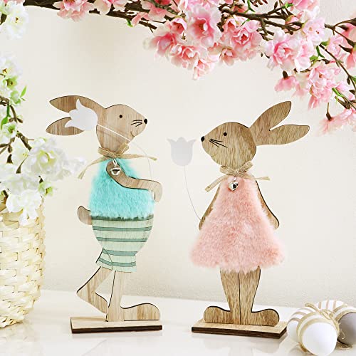 com-four® 2X expositores Decorativos para Pascua - Pareja de conejitos de Pascua con Flor - Conejitos de Pascua para Poner - Decoración de Pascua de Madera - Rosa/Azul (2 Piezas - Rosa/marrón Claro)