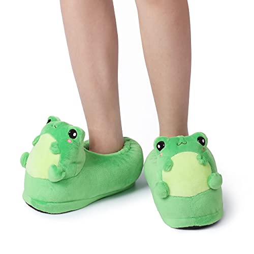 corimori - Eddy la rana, zapatillas de estar por casa de peluche, divertidas pantuflas de animales para niños y adultos, talla única 25 a 33,5, color verde