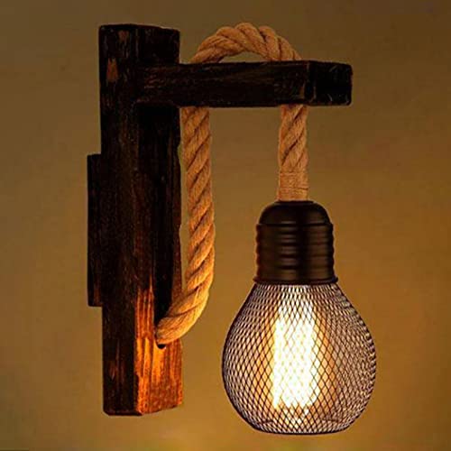 Cuerda de cáñamo LED aplique de pared industrial / lámpara de madera, polea elevable, lámpara de lámpara vintage, lámpara decorativa antigua, aplique de pared para iluminación interior de habitación