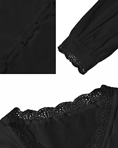 datasy Blusas de Mujer Elegante Manga Larga Casual Blusas Escote de Pico Encaje Basica Invierno Top V Oficina Camisa para Mujer Bonita Negro-L