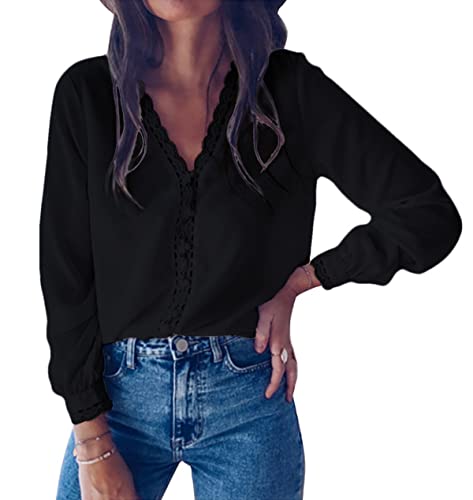 datasy Blusas de Mujer Elegante Manga Larga Casual Blusas Escote de Pico Encaje Basica Invierno Top V Oficina Camisa para Mujer Bonita Negro-L