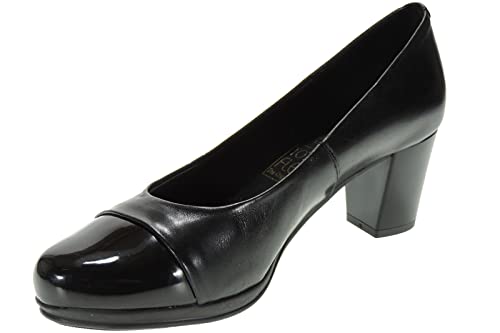 DESIREEE 1247: Zapato Salón Piel para Mujer. Tacón Ancho de 6 Cm y Punta Charol. Piso Goma. Negro Talla 41