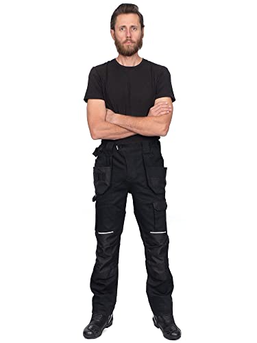 DINOZAVR Flex Pantalones de Trabajo elásticos Estilo Cargo para Hombre - Resistentes, con Bolsillos multifuncionales para Rodilleras y Franjas Reflectantes - Negro - EU50