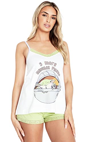 Disney Pijama Verano Mujer de Baby Yoda, Pijama con Camiseta Tirantes Mujer Star Wars, Pijama de Algodón para Mujeres y Adolescentes S - XL (Blanco/Verde, M)