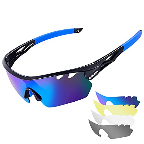 DOVAVA Gafas Ciclismo Hombre Mujer con 4 Lentes Intercambiables , Gafas de Sol Polarizadas Protección UV 400 para Deportivas Running Bicicleta MTB Golf Surf (850-Negro/Azul)