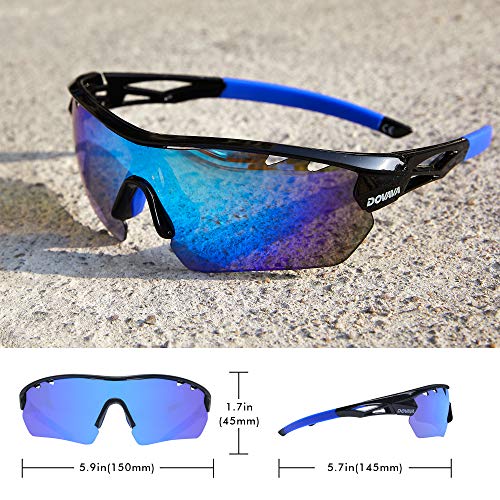 DOVAVA Gafas Ciclismo Hombre Mujer con 4 Lentes Intercambiables , Gafas de Sol Polarizadas Protección UV 400 para Deportivas Running Bicicleta MTB Golf Surf (850-Negro/Azul)