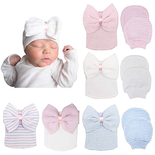 DRESHOW Sombrero y Manoplas para Bebé Recién Nacido,5 Sombreros y 3 pares de Manoplas para Bebés, Niños, Niñas, 0-3 Meses