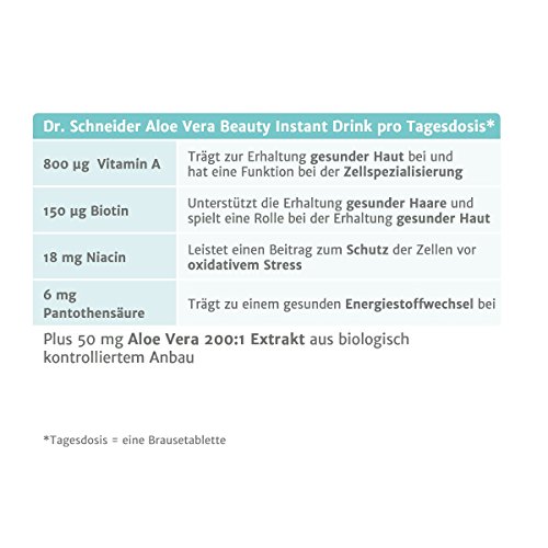 Dr.Schneider Aloe Vera Beauty Drink, tabletas efervescentes, veganas, sin azúcar, con biotina, niacina, ácido pantoténico y vitamina A, conocidas en la televisión alemana