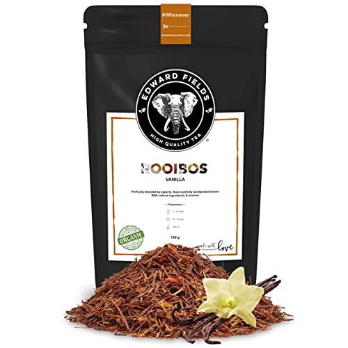 Edward Fields Tea ® - Rooibos orgánico a granel con Vainilla. Rooibos bio recolectado a mano con ingredientes y aromas naturales y ecológicos, 100g, Sudafrica.